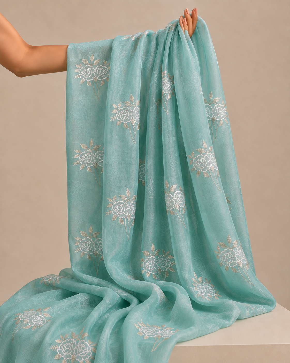 Aqua Mint Blue Mul Fabric Floral Embroidered Motif