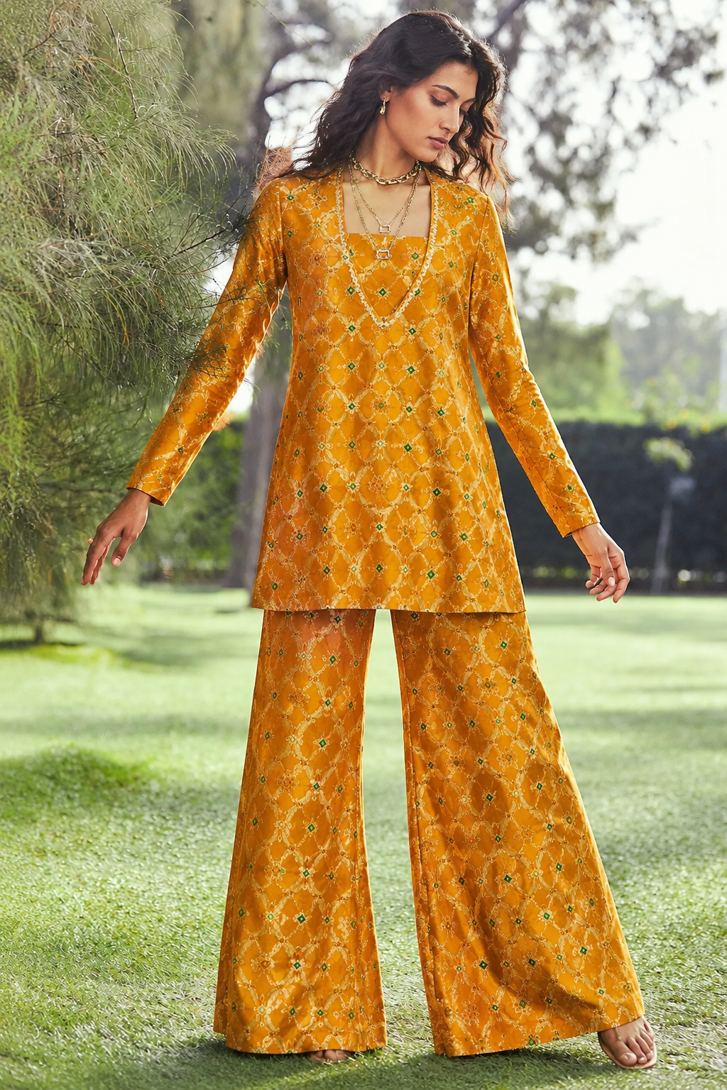 Mustard Yellow Pure Soft Silk Tissue Bandhani Fabric