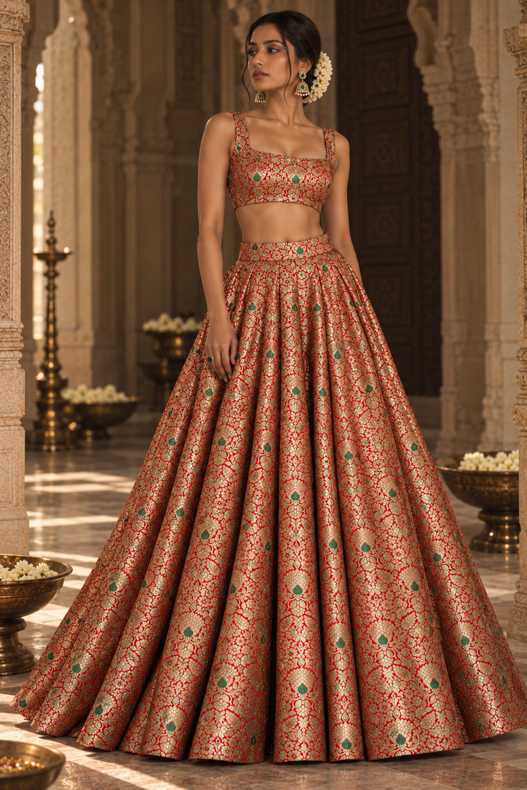 Red Pure Katan Silk Meenakari Jaal Fabric