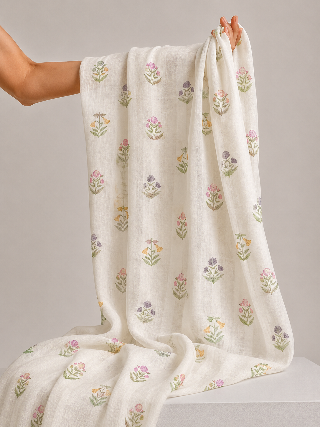Ivory Floral Booti Mul Prints Fabric