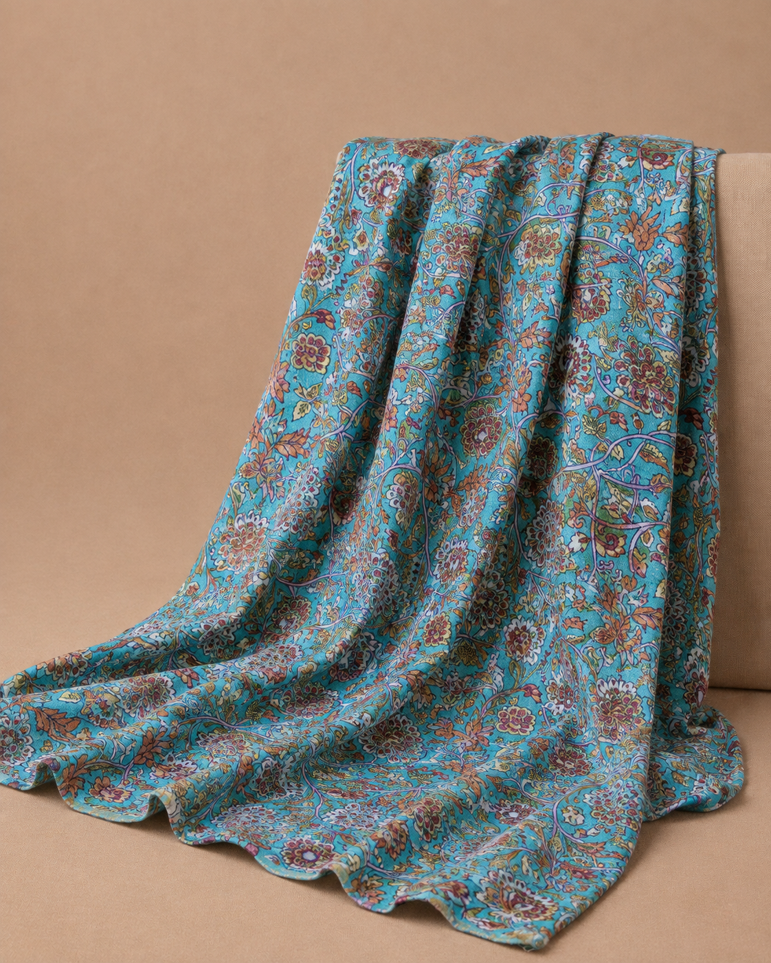 Aqua Blue Tussar Kalamkari Printed Fabric
