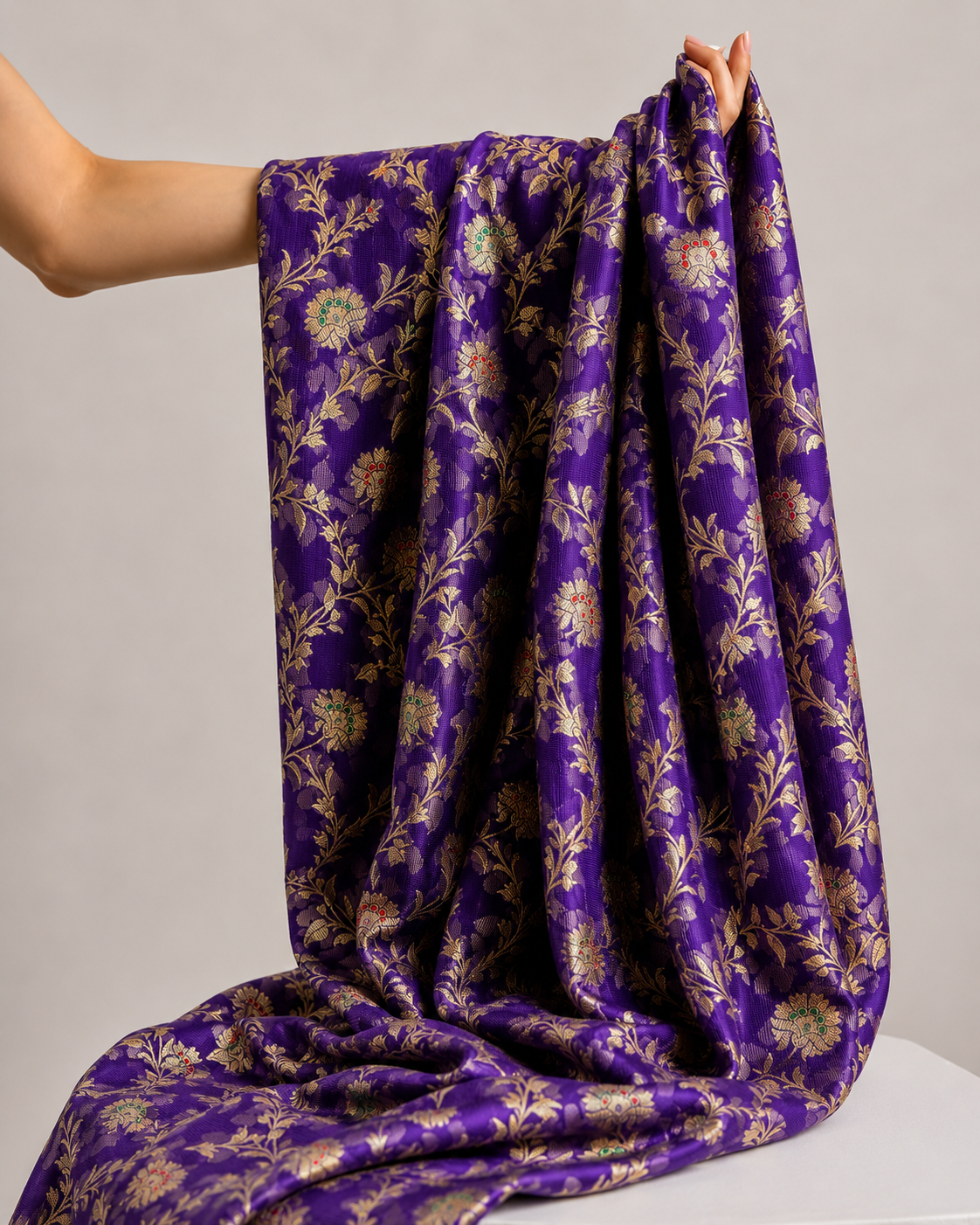 Royal Purple Soft Silk Fabric with Meenakari Zari Floral Vine Jaal