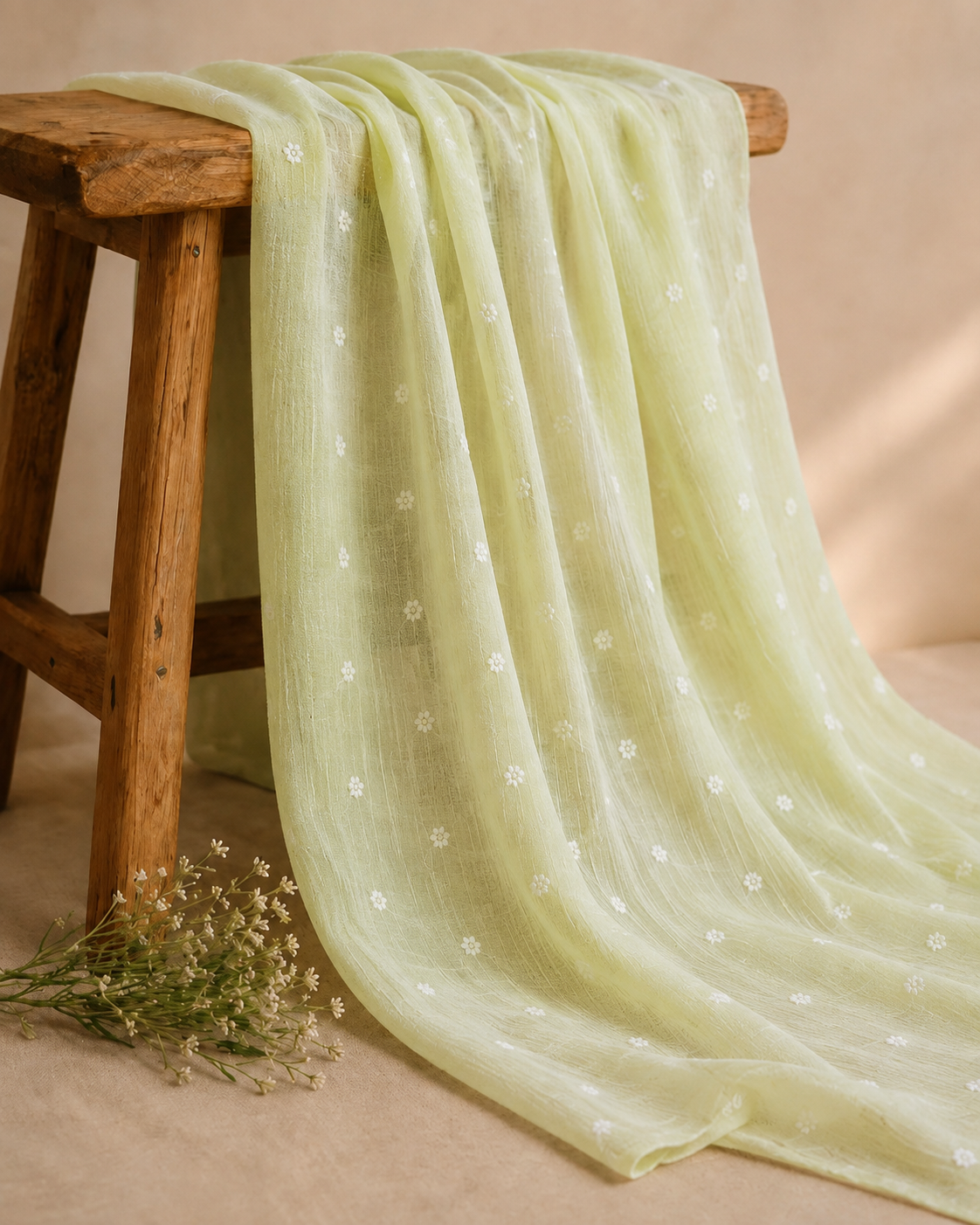 Pastel Green Silk Linen Fabric With Flower Embroidery