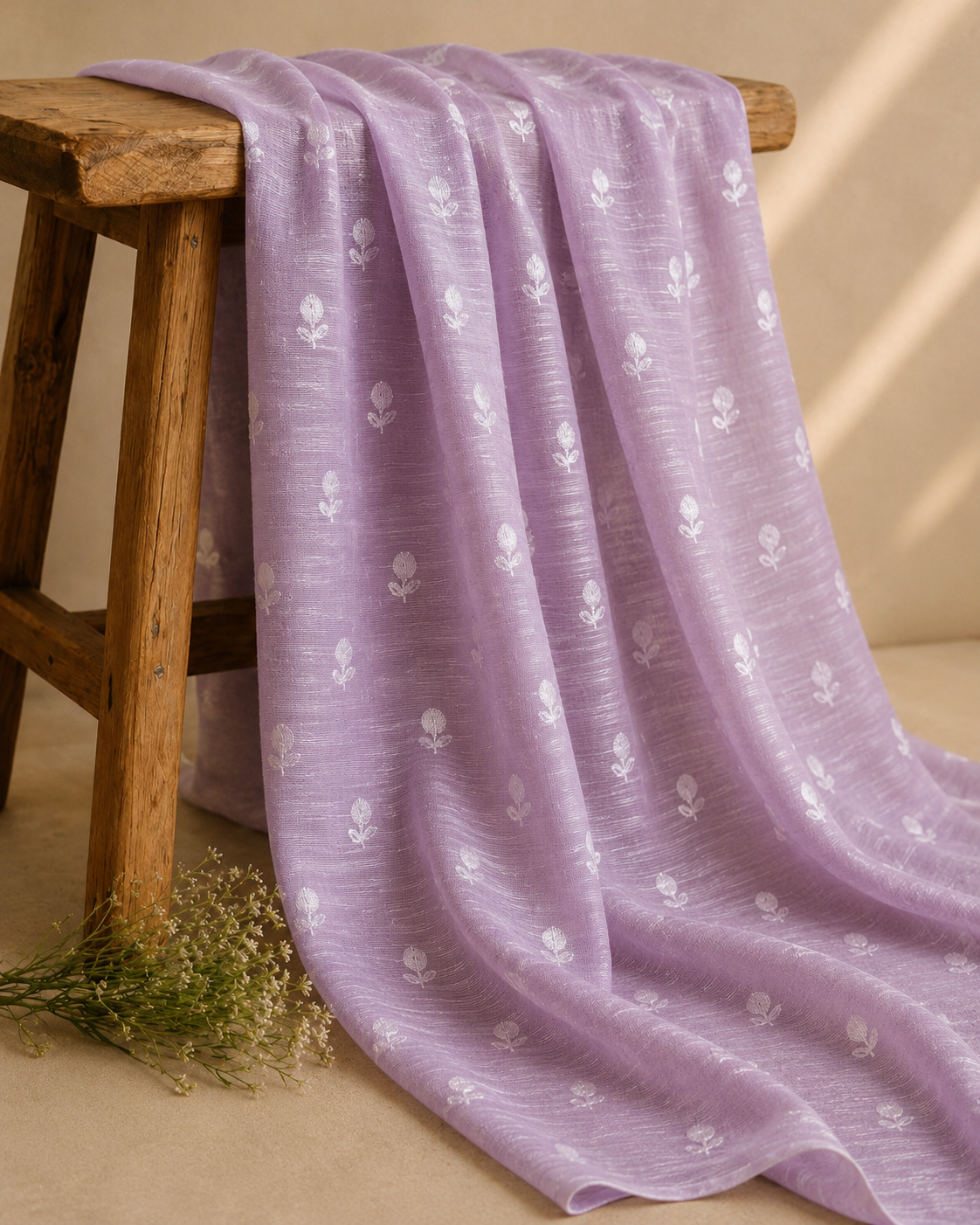 Lavender Silk Linen Fabric With Flower Embroidery