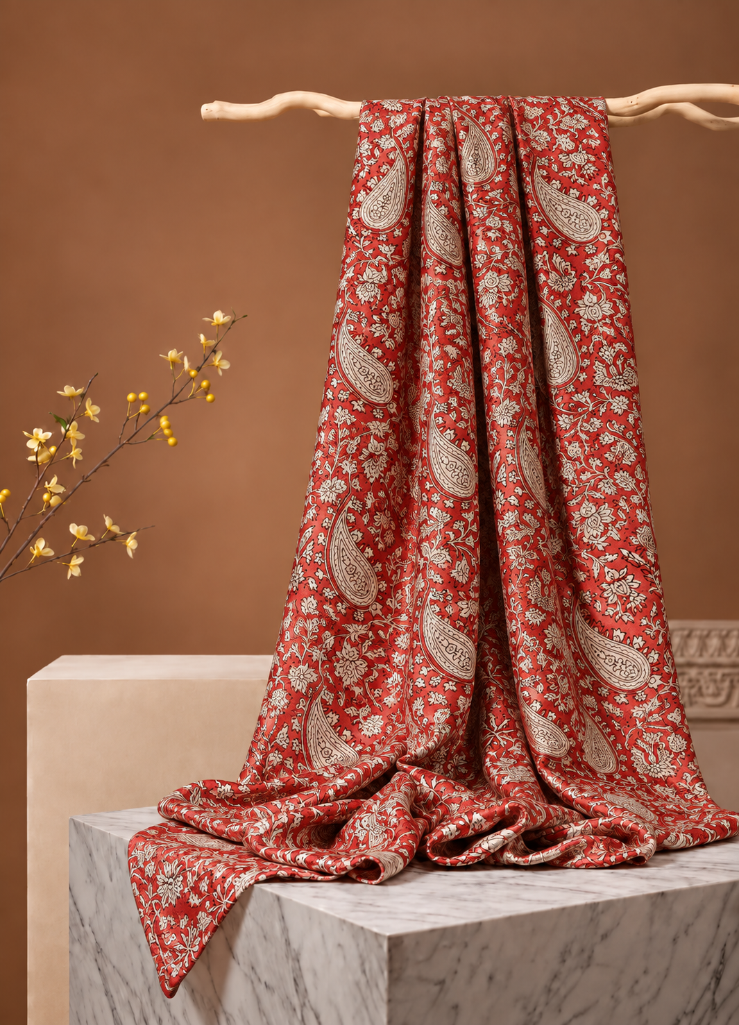 Orange Muslin Silk Paisley Block Print Fabric