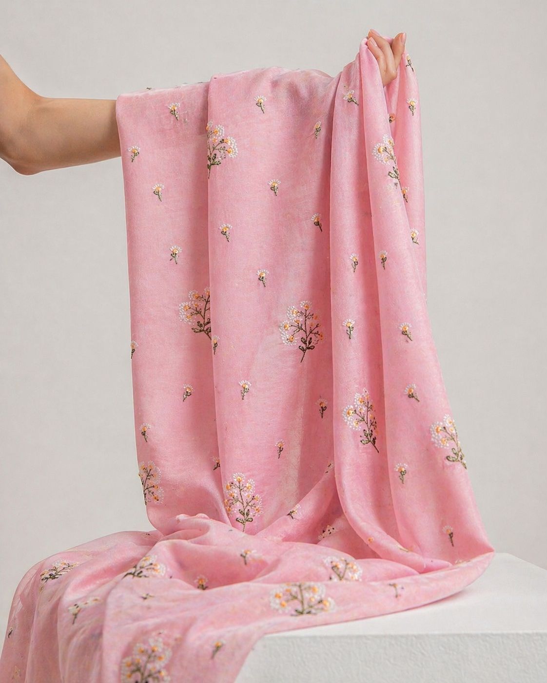 Flamingo Pink  Mul Fabric With Embroidery