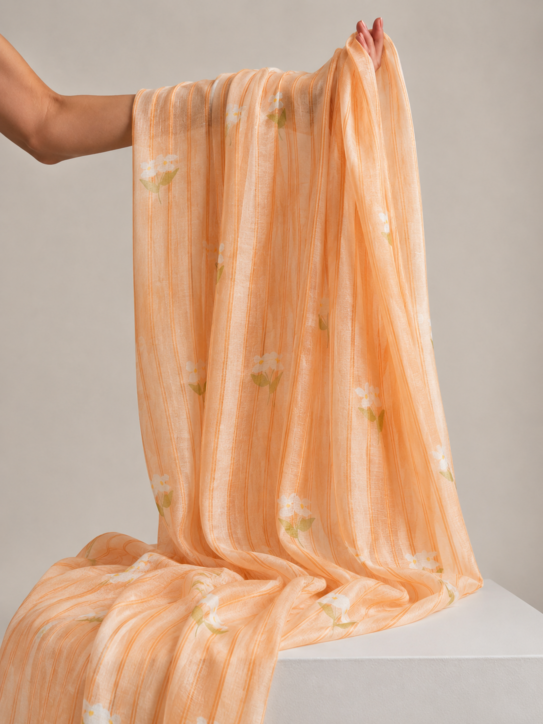 Peach Stripe Floral Mul Cotton Printed Fabric