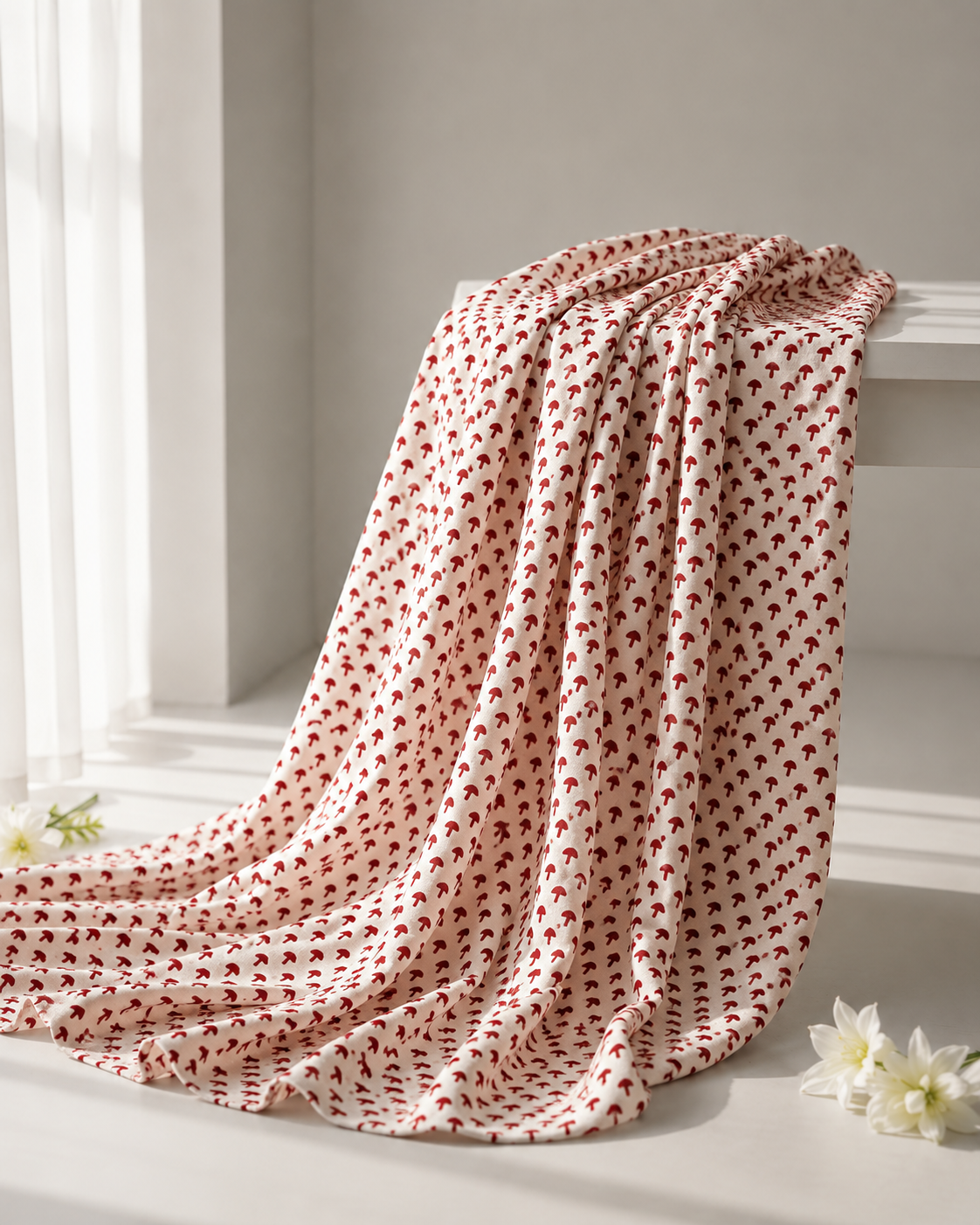 Pure Chanderi Silk Fabric With Red Hand Block Prints
