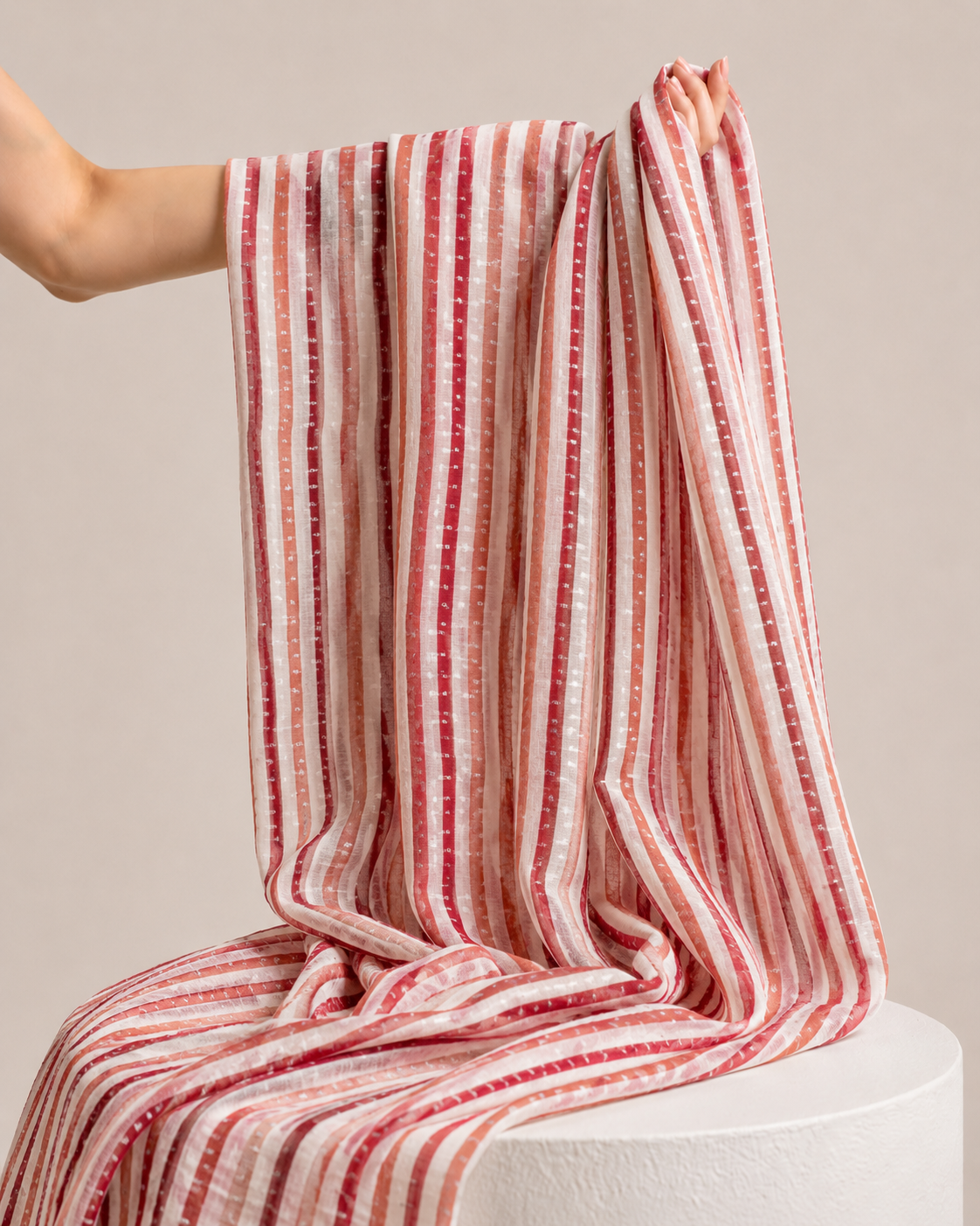Ivory With Maroon Stripe Pure Mul Fabric