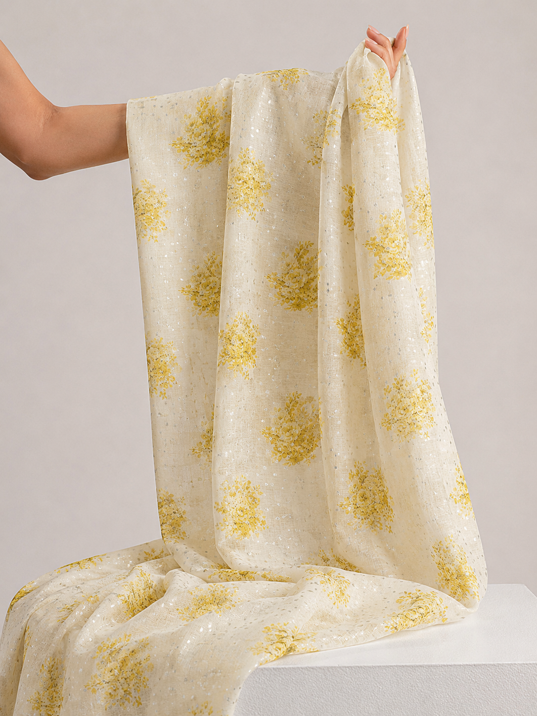 Ivory & Yellow Floral Mul Weaving Fabric
