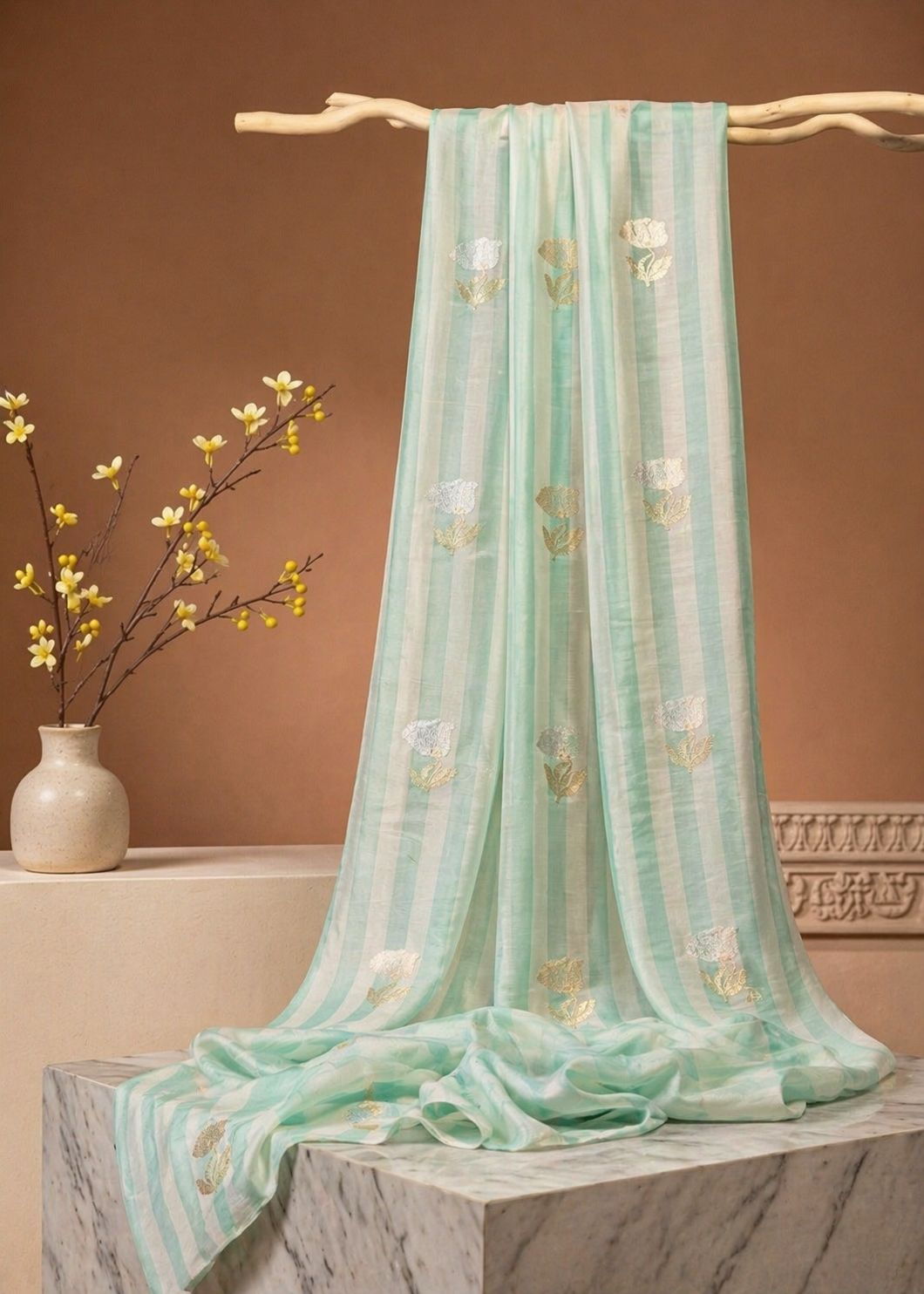 Aqua Green Premium Cotton Fabric With Floral Motifs