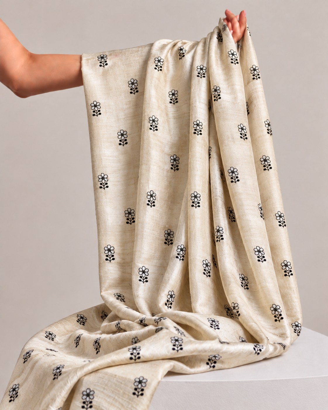 Ivory-Cream Pure Tussar Natural Floral Embroidered Fabric