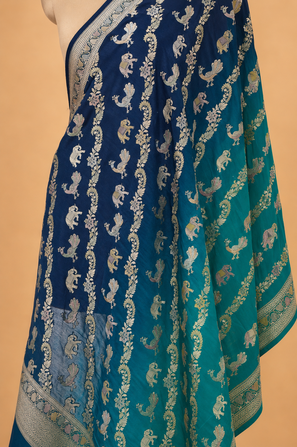 Hand Brush-Dyed Shaded Moonga Silk Dupatta with Shikargah Motifs