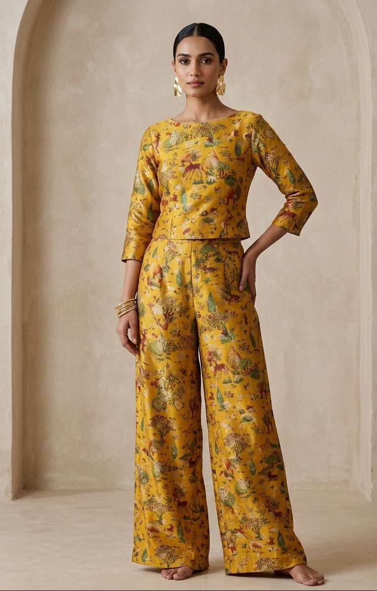 Yellow oft Silk Fabric With Pichhwai Jangle Pattern