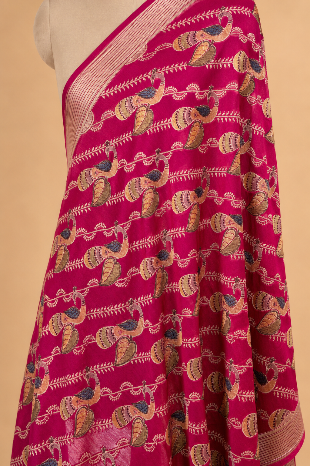 Hand Brush-Dyed Moonga Silk Dupatta with Stylised Peacock Motifs