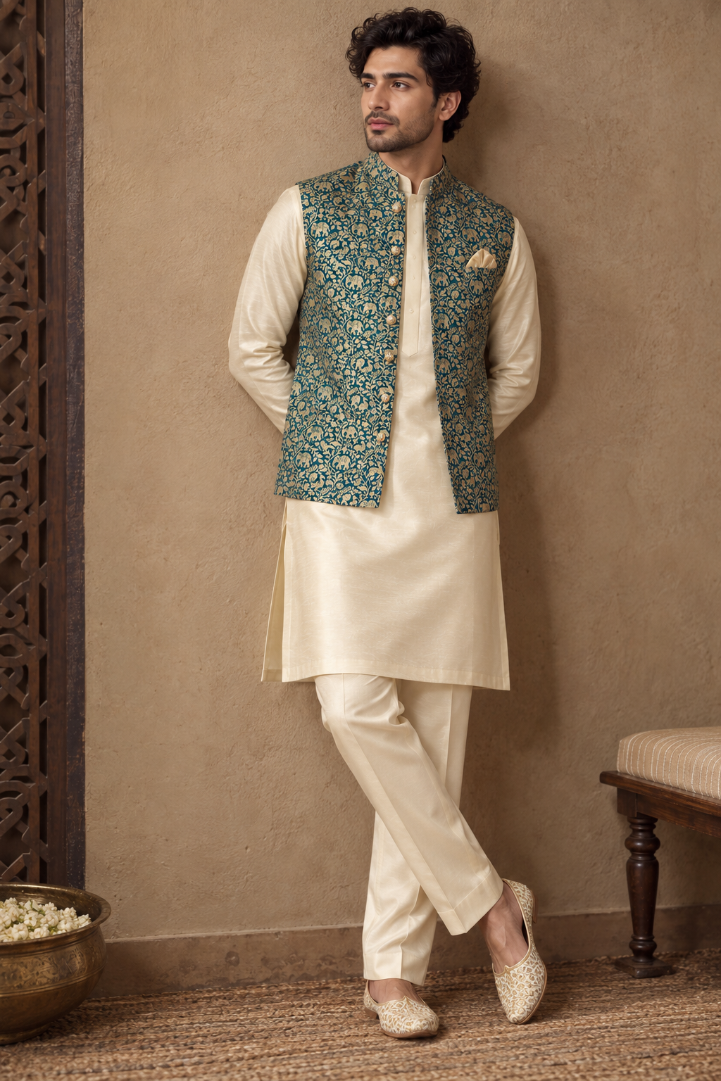 Peacock Blue Pure Katan Silk Allover Shikargah Jaal Fabric