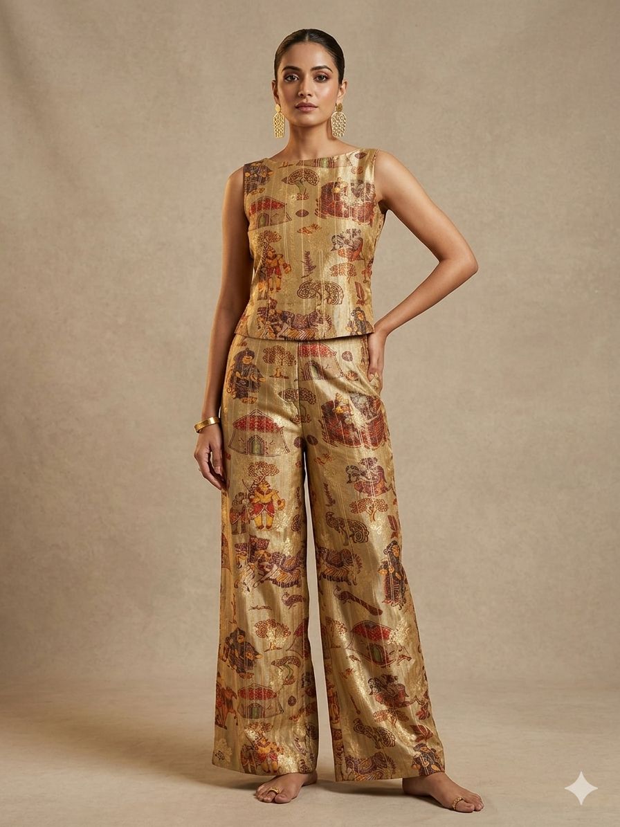 Golden Beige Pure Soft Silk Fabric With Pichhwai Traditional Pattern