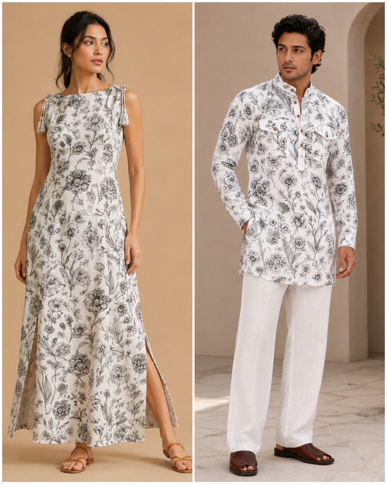 White Linen Printed Fabric with Vintage Botanical Floral Motifs