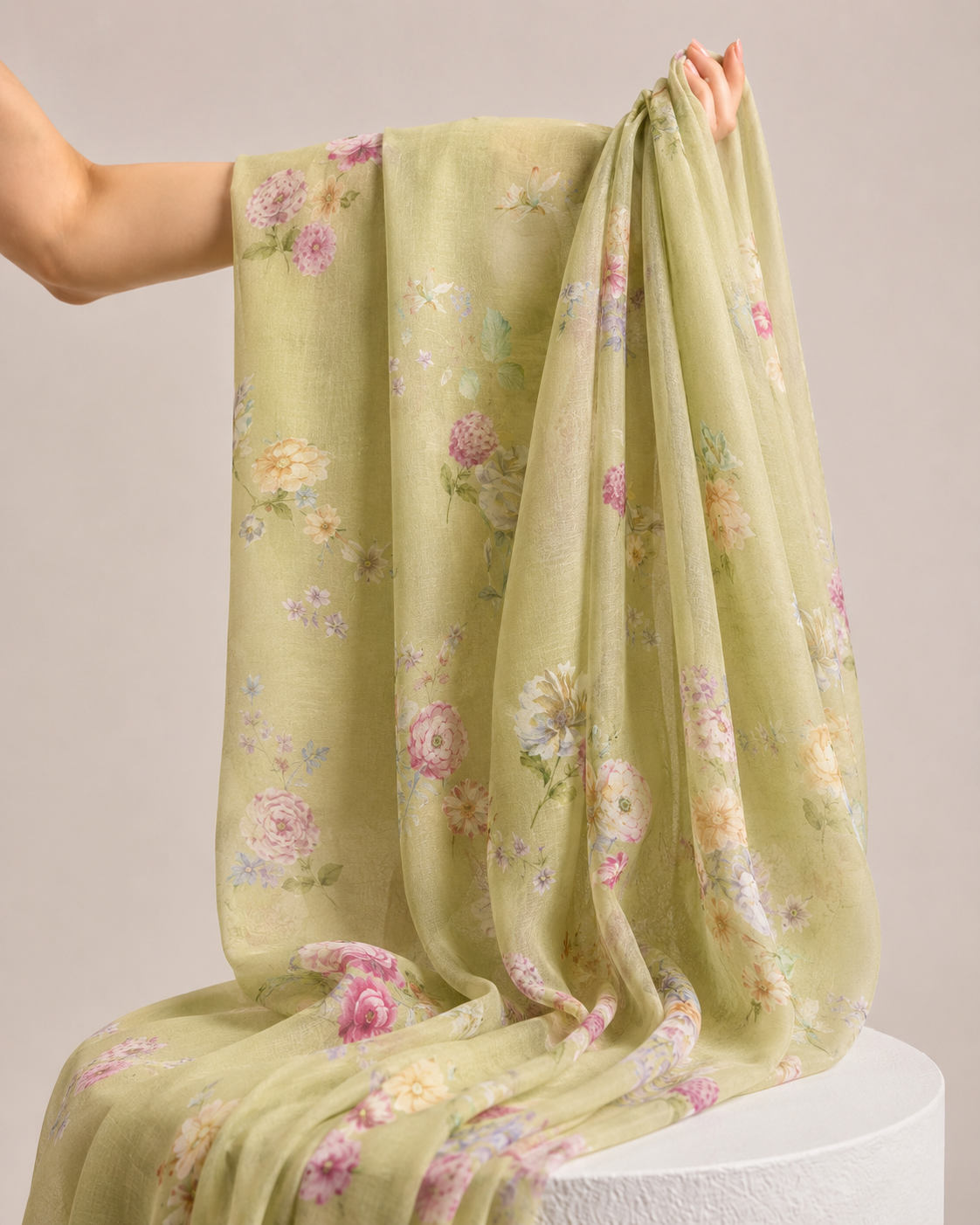 PistachioGreen Mul Floral Prints Fabric