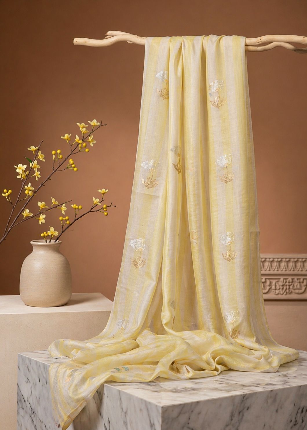 Lemon Yellow Premium Cotton Fabric With Floral Motifs