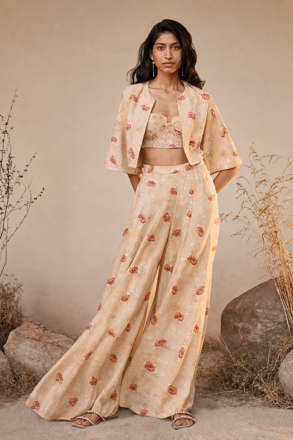 Peach Mul Floral Prints Fabric
