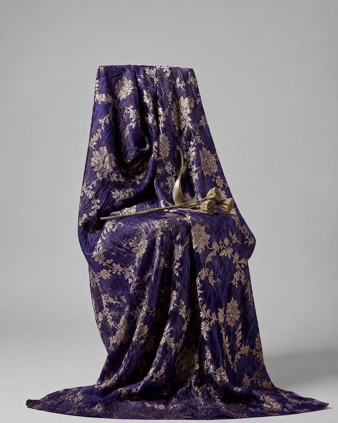 Royal Blue Floral Crush Tissue Silk Fabric