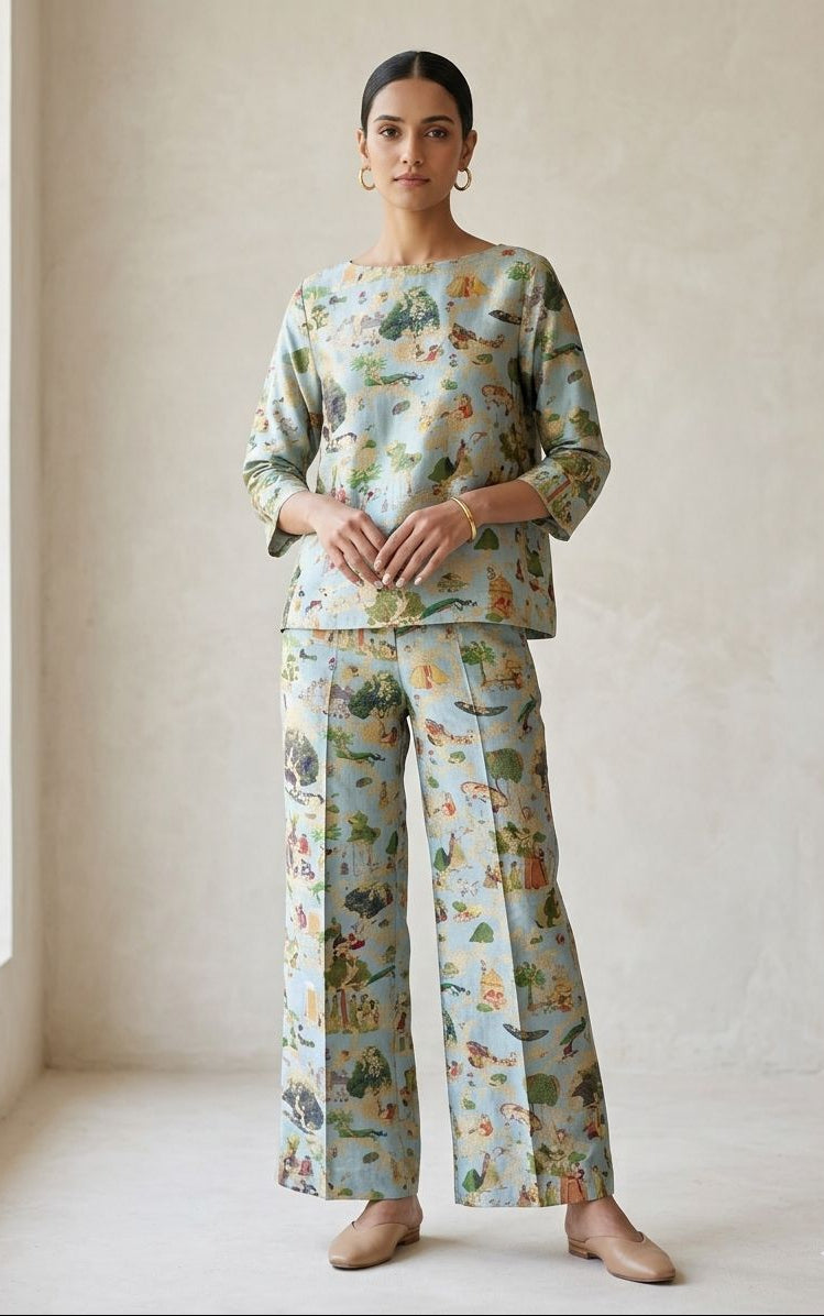 Powder Blue Soft Silk Fabric With Pichhwai Pattern