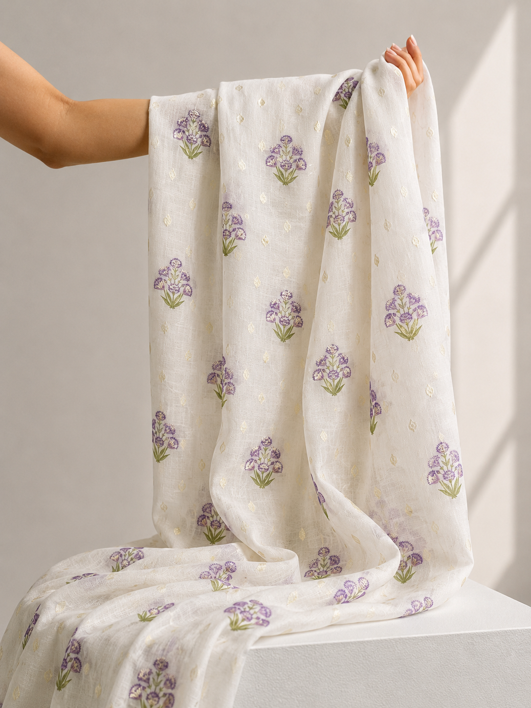 Ivory Lavender Floral Mul Weaving Fabric