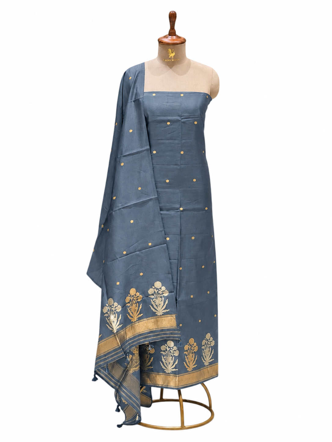 Blue-ish Grey Pure Silk Suit Set With Statement Bootas