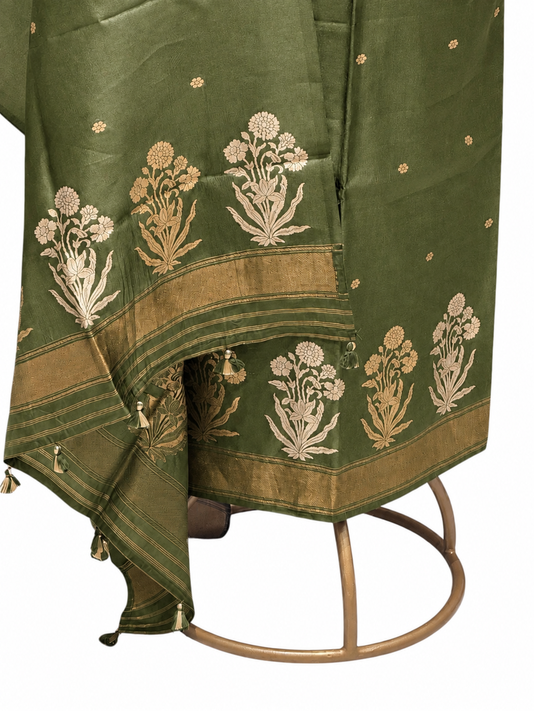 Olive Green Pure Silk Suit Set With Statement Bootas