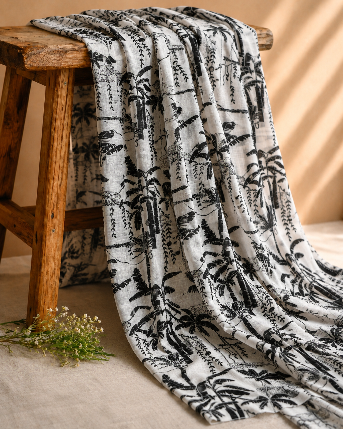White Linen Printed Fabric with Tropical Palm Tree Motifs