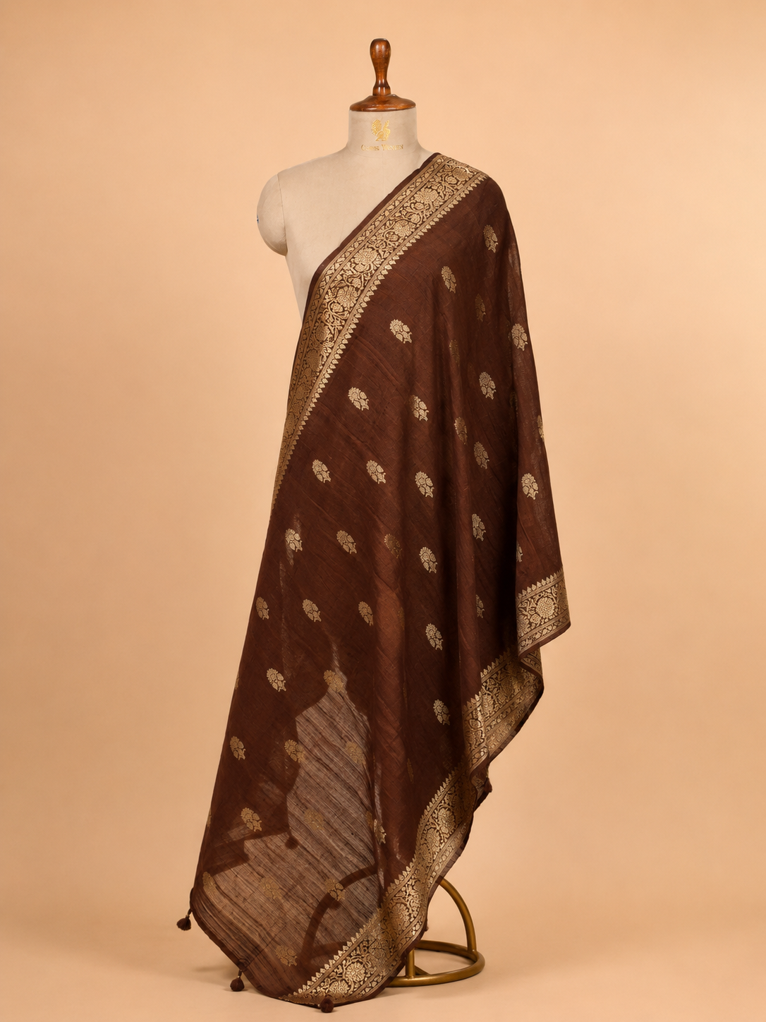 Coffee Brown Banarasi Raw Silk Dupatta with Gold Zari Floral Bootis