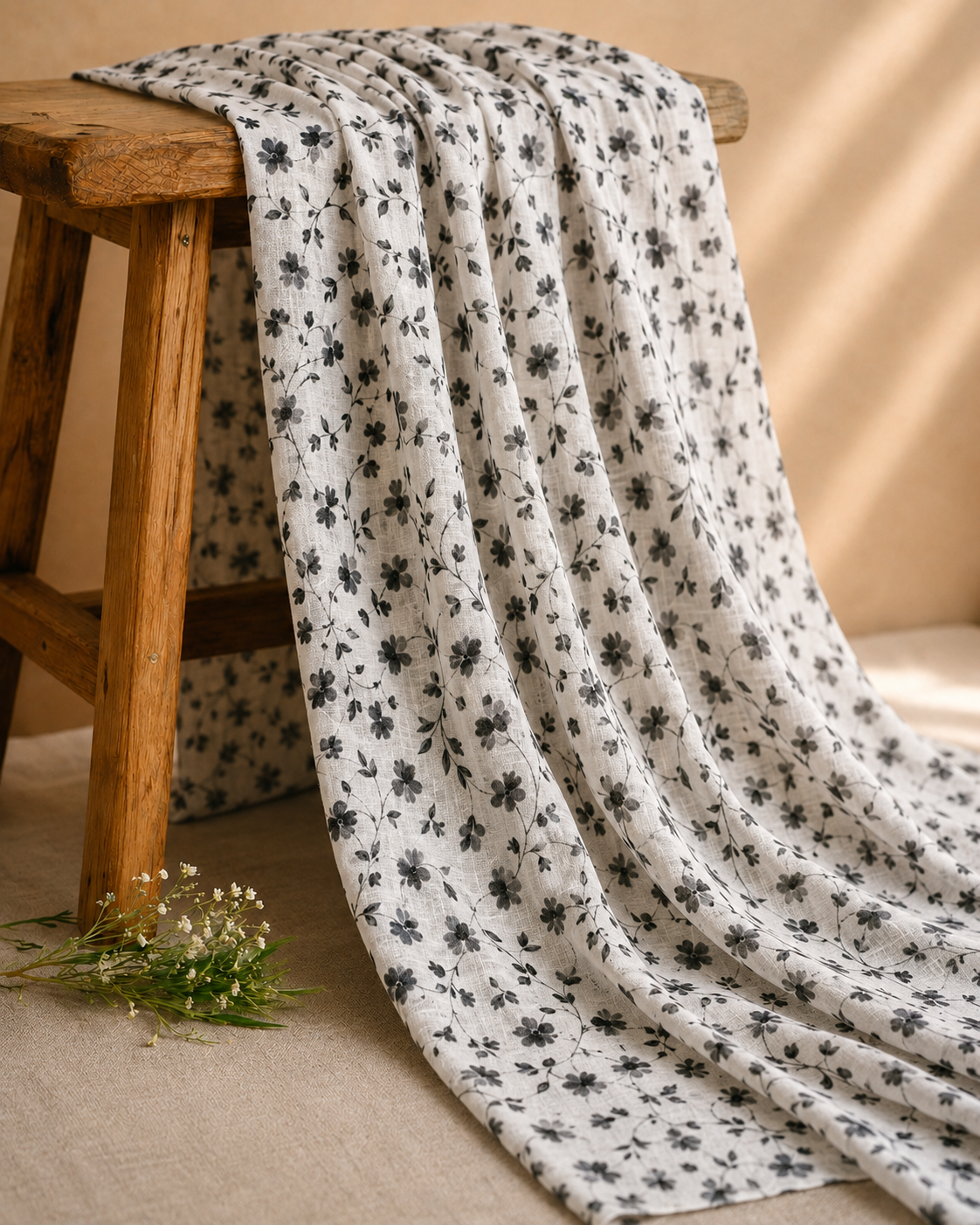 White Linen Printed Fabric with Monochrome Floral Vine Motifs