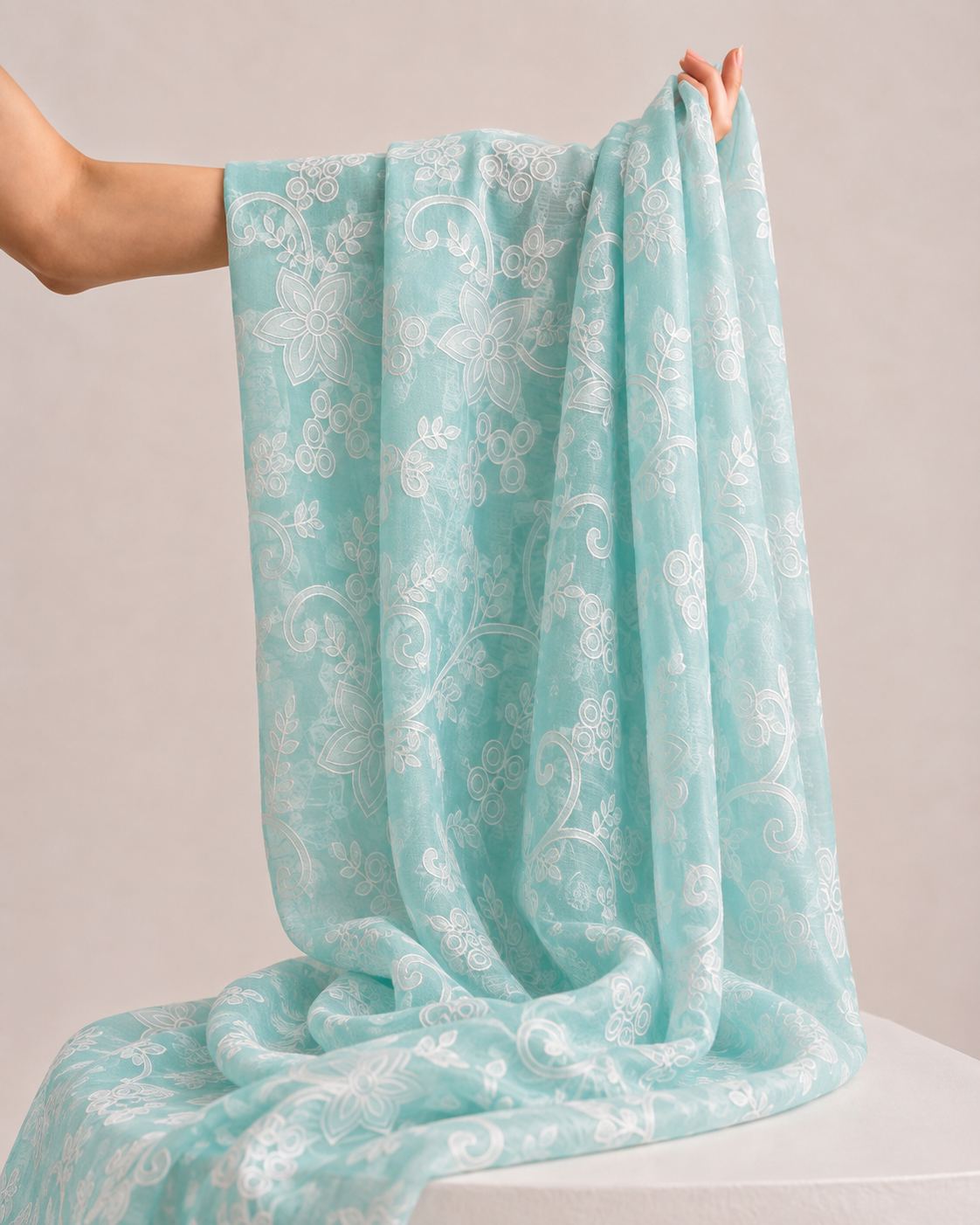 Aqua Blue Mul with White Appliqué Work
