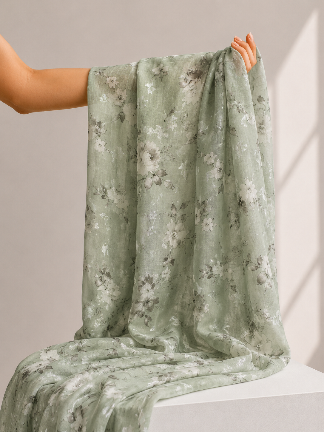 Mint Green Floral Mul Weaving Fabric