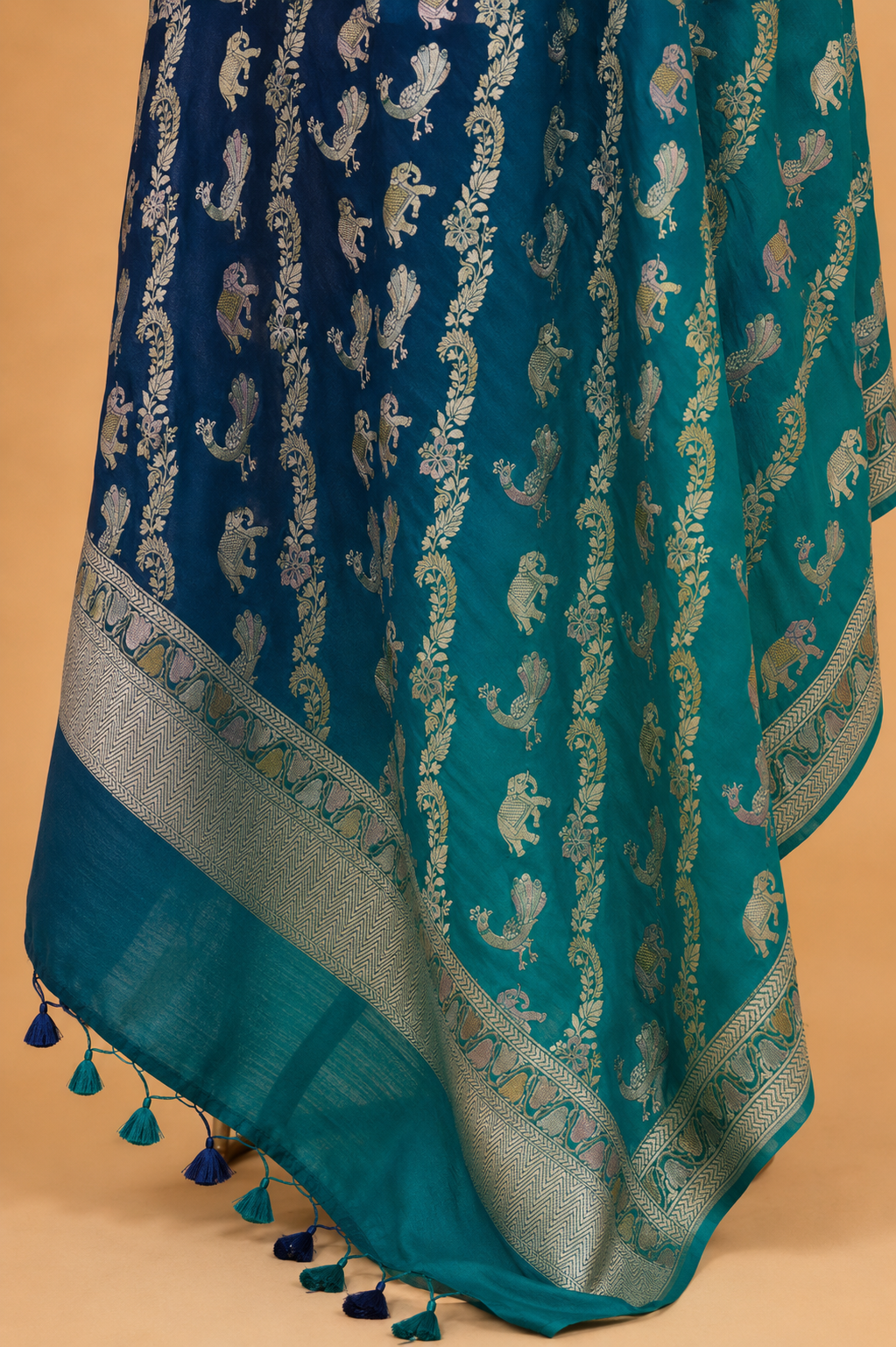 Hand Brush-Dyed Shaded Moonga Silk Dupatta with Shikargah Motifs