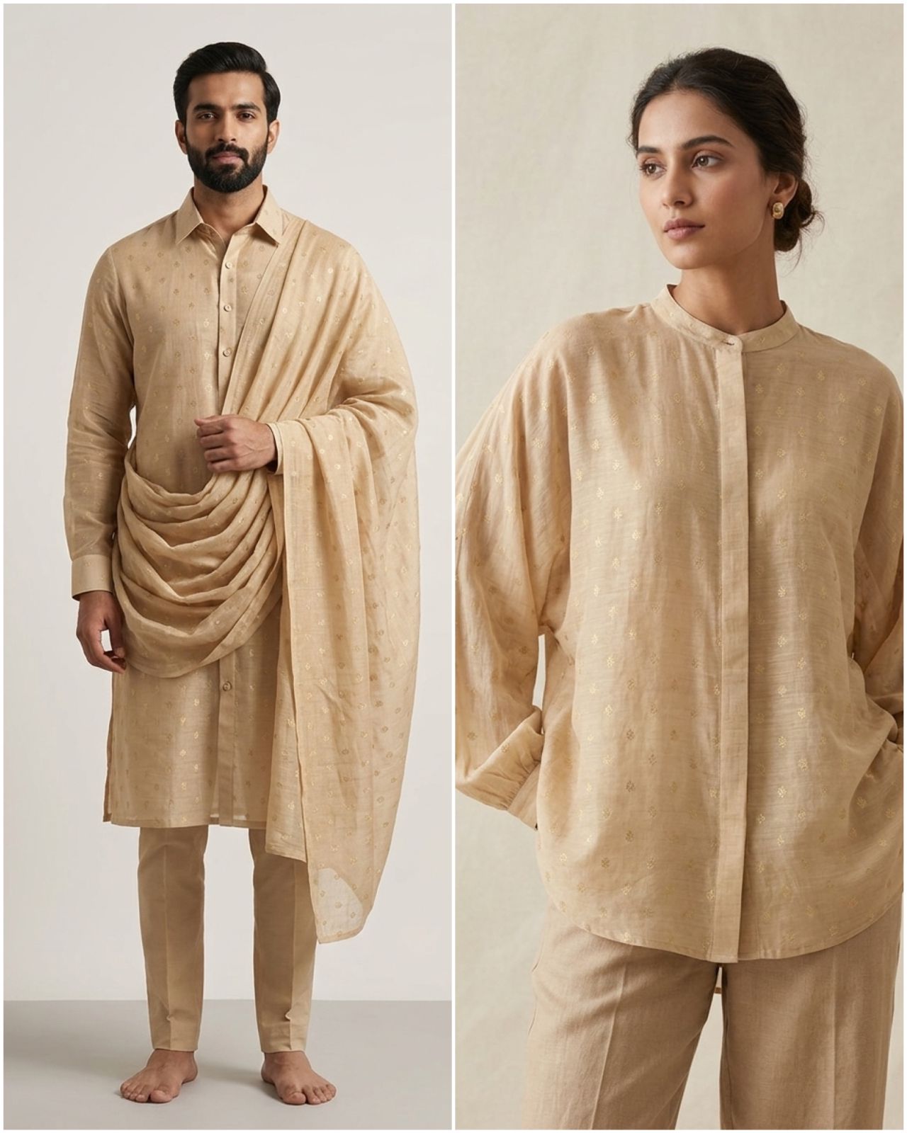 Beige Pure Mul Fabric With Gold Zari
