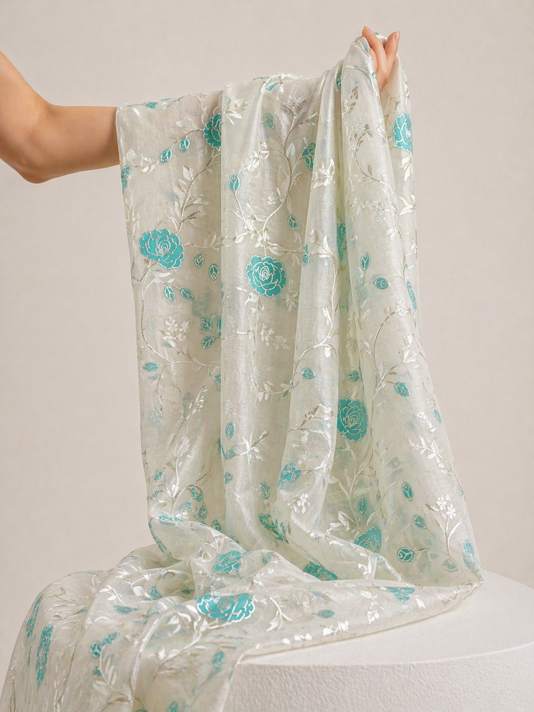 Mul Fabric With Turquoise Blue Appliqué Work