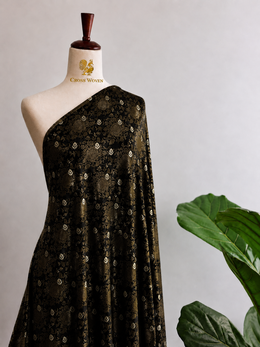 Black Soft Silk Fabric with Floral Jaal