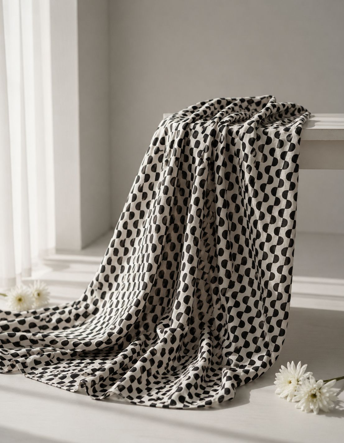 White Chanderi Silk Fabric With Hand Block Print