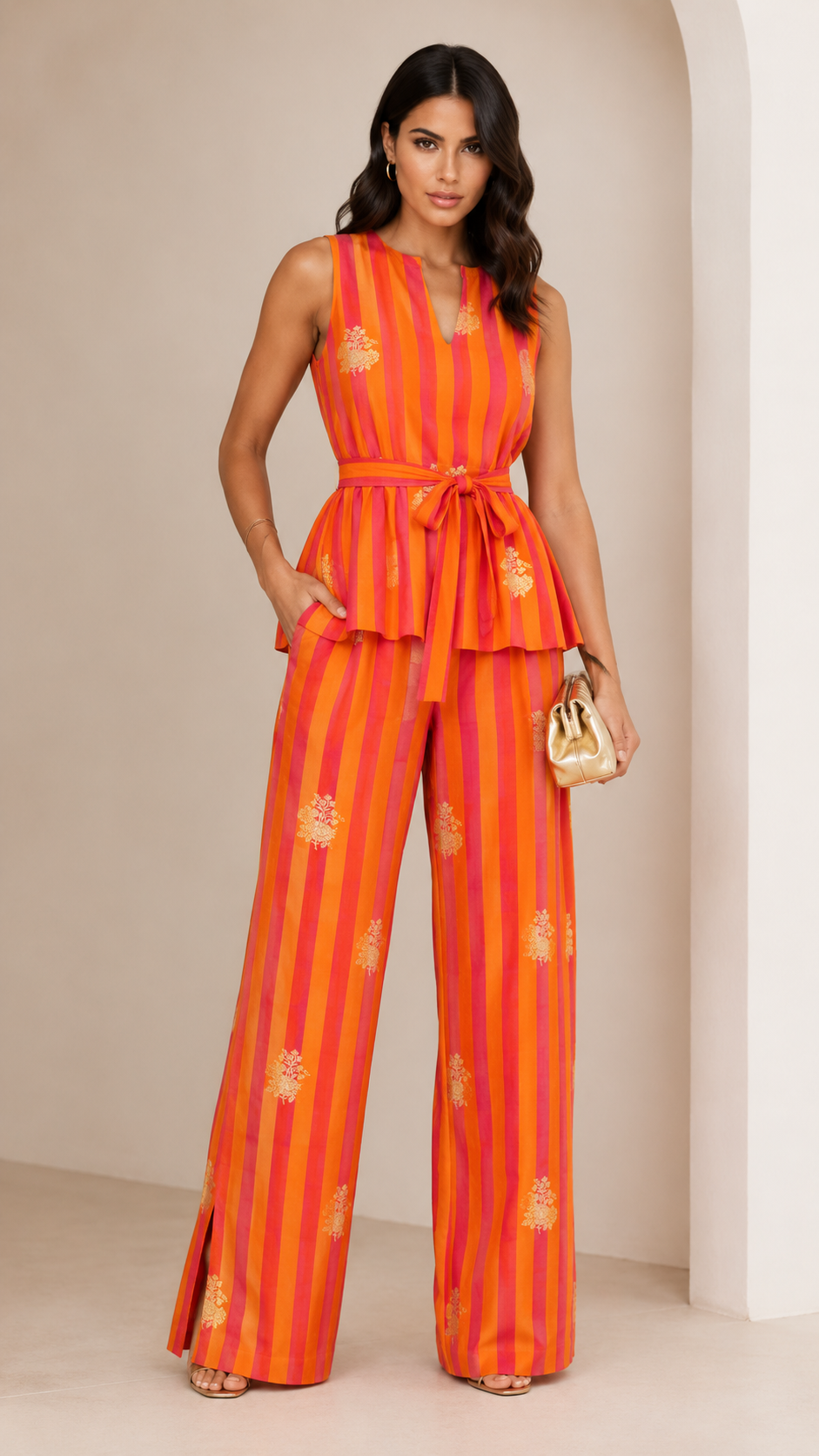 Orange Pure Katan Silk Fabric Rangkaat Stripes With Kadhwa Floral Boota