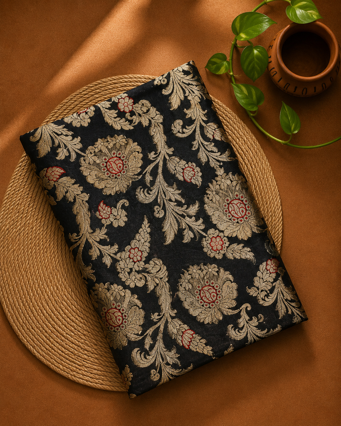 Black Meenakari Katan Silk Handloom Fabric