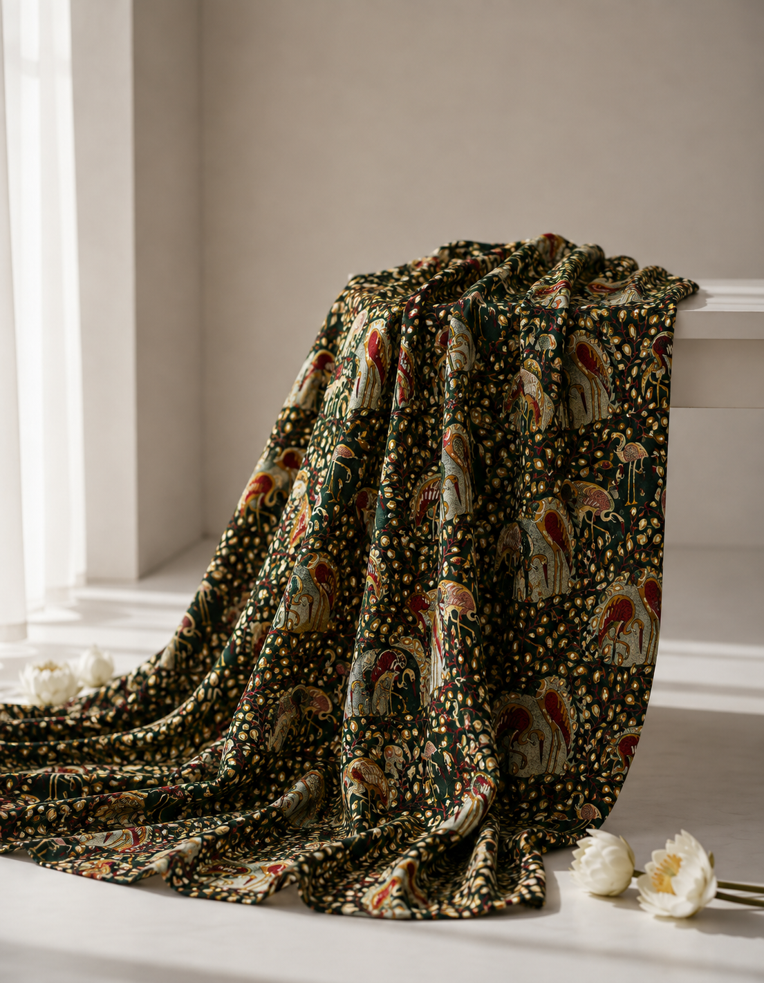 Pure Chanderi Silk Fabric With Bottle Green Hand Block Prints