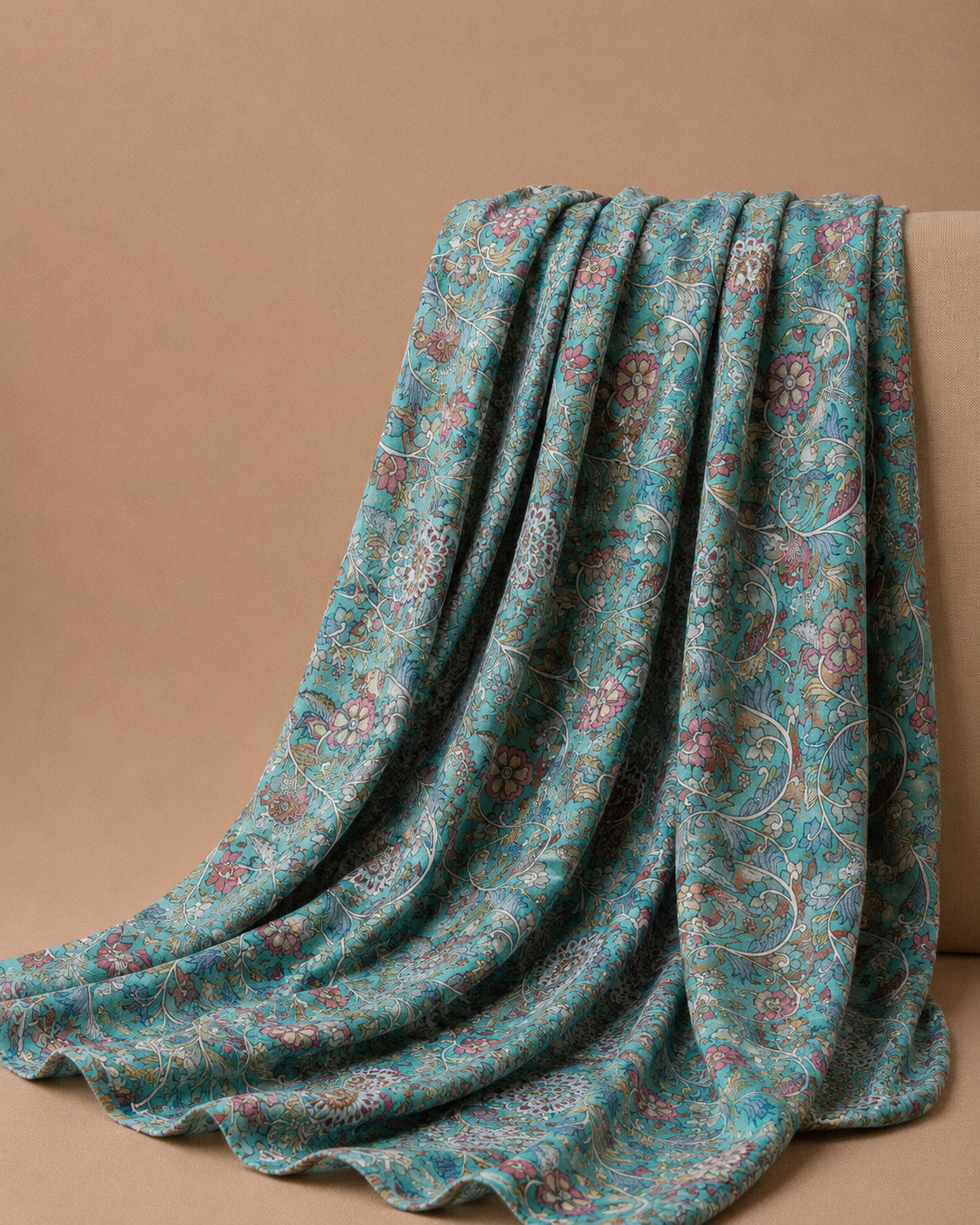 Aqua Blue Tussar Kalamkari Printed Fabric