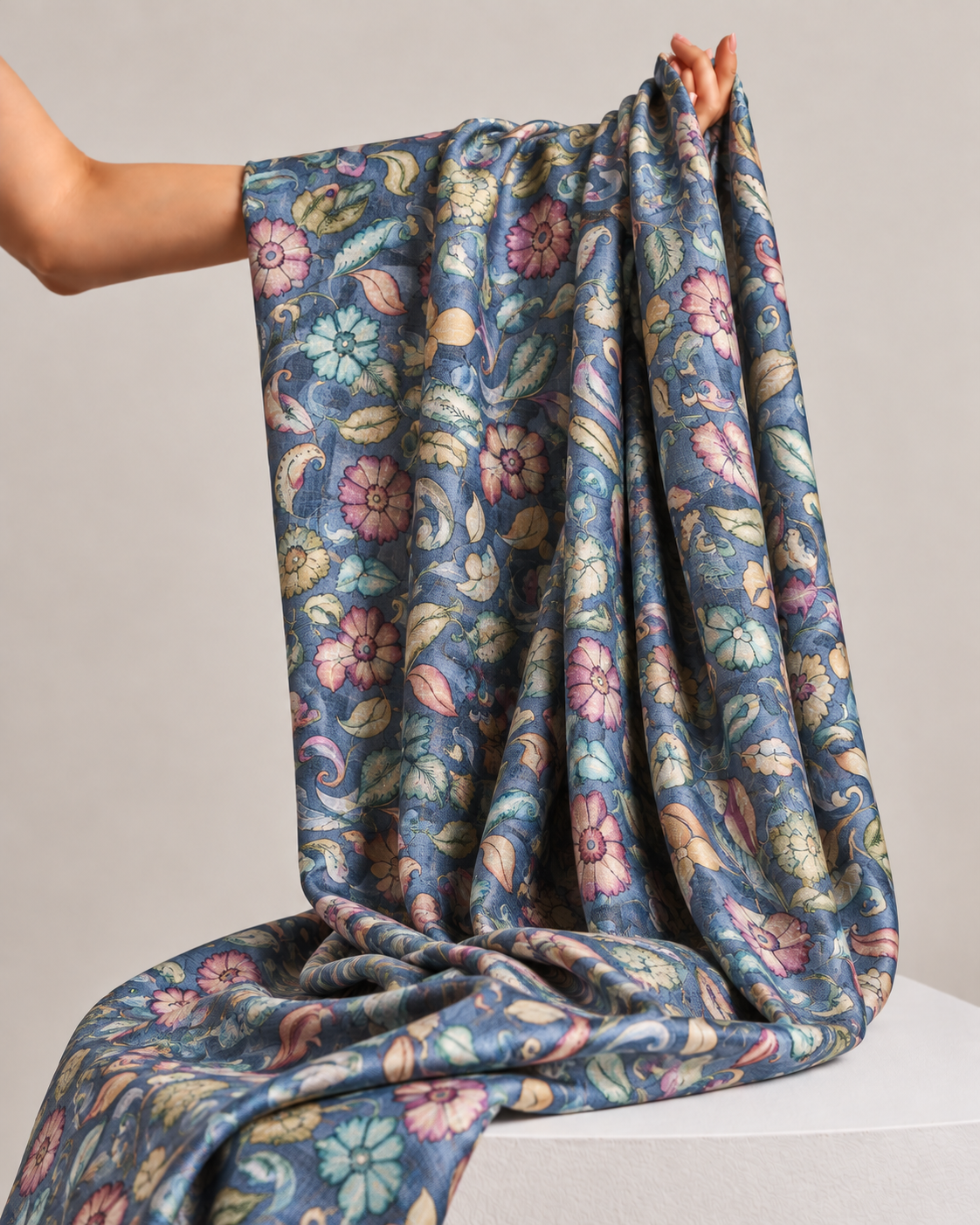 Denim Blue Tussar Kalamkari Printed Fabric