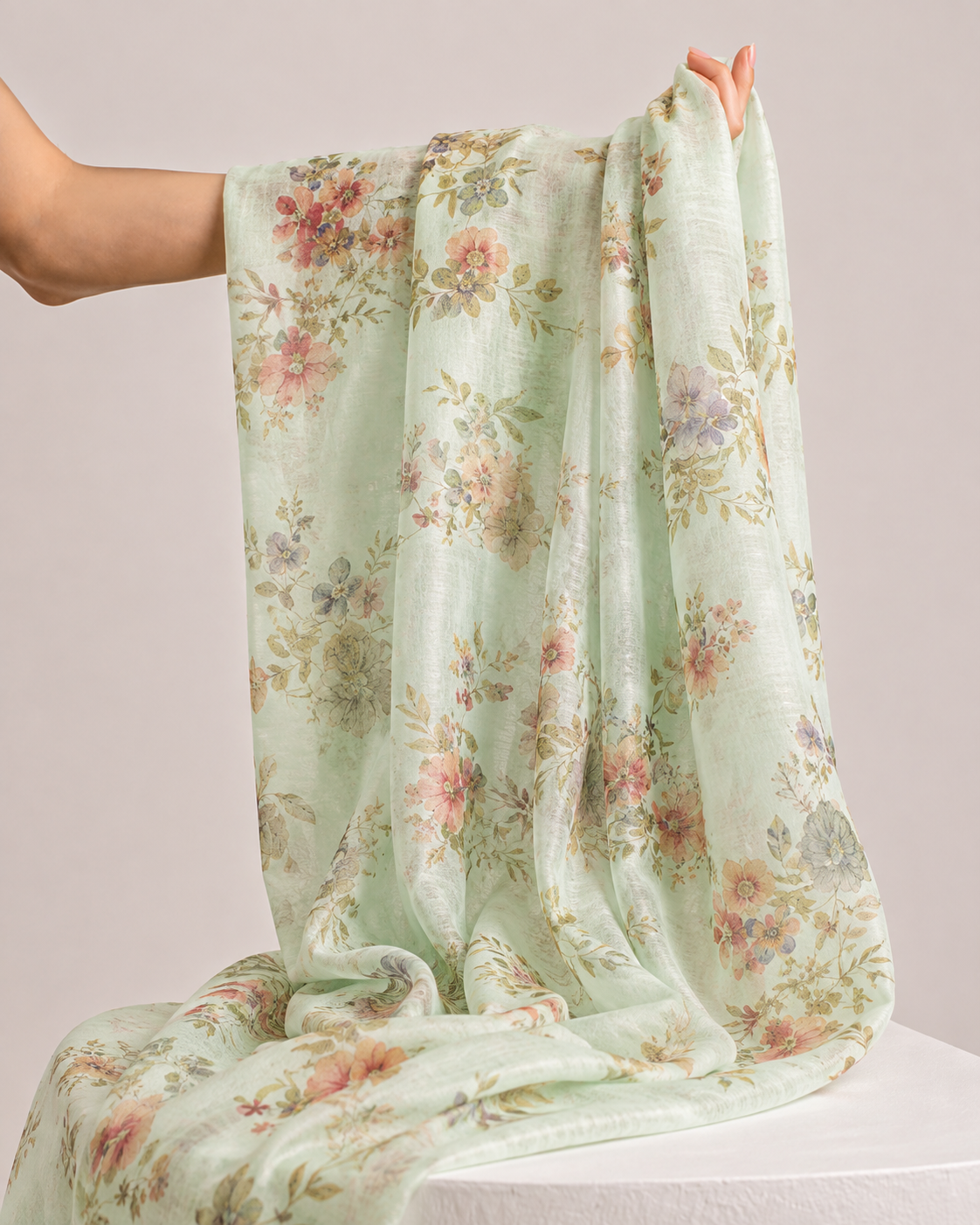 Pastel Mint Printed Mul Fabric