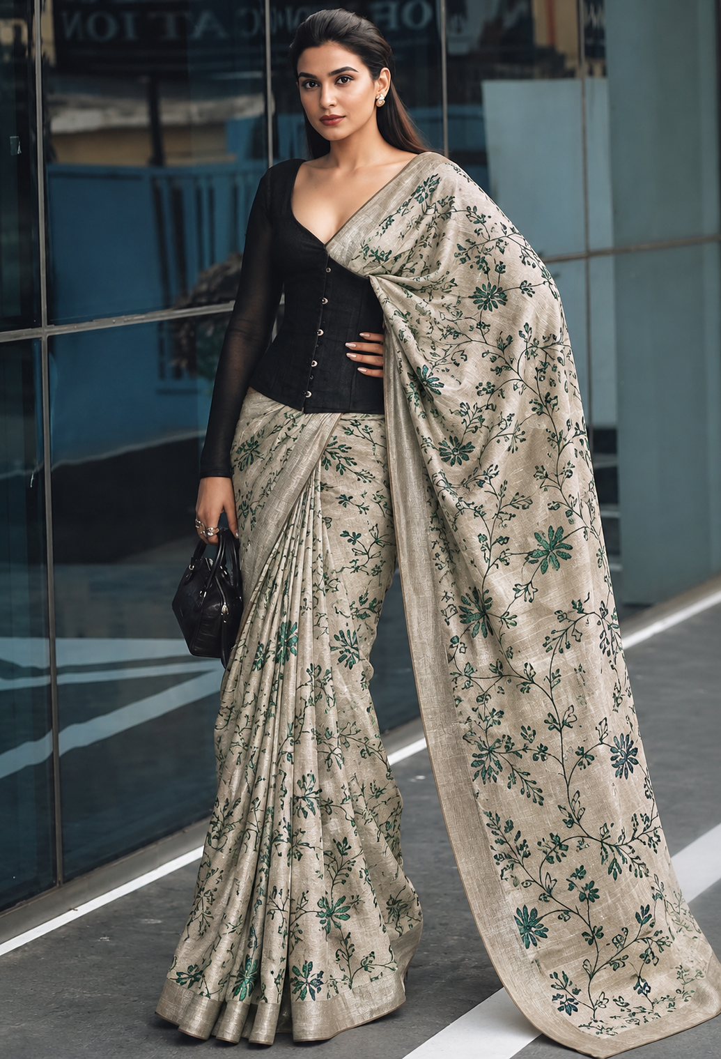 Ivory-Beige Pure Tussar Natural Floral Embroidered Fabric