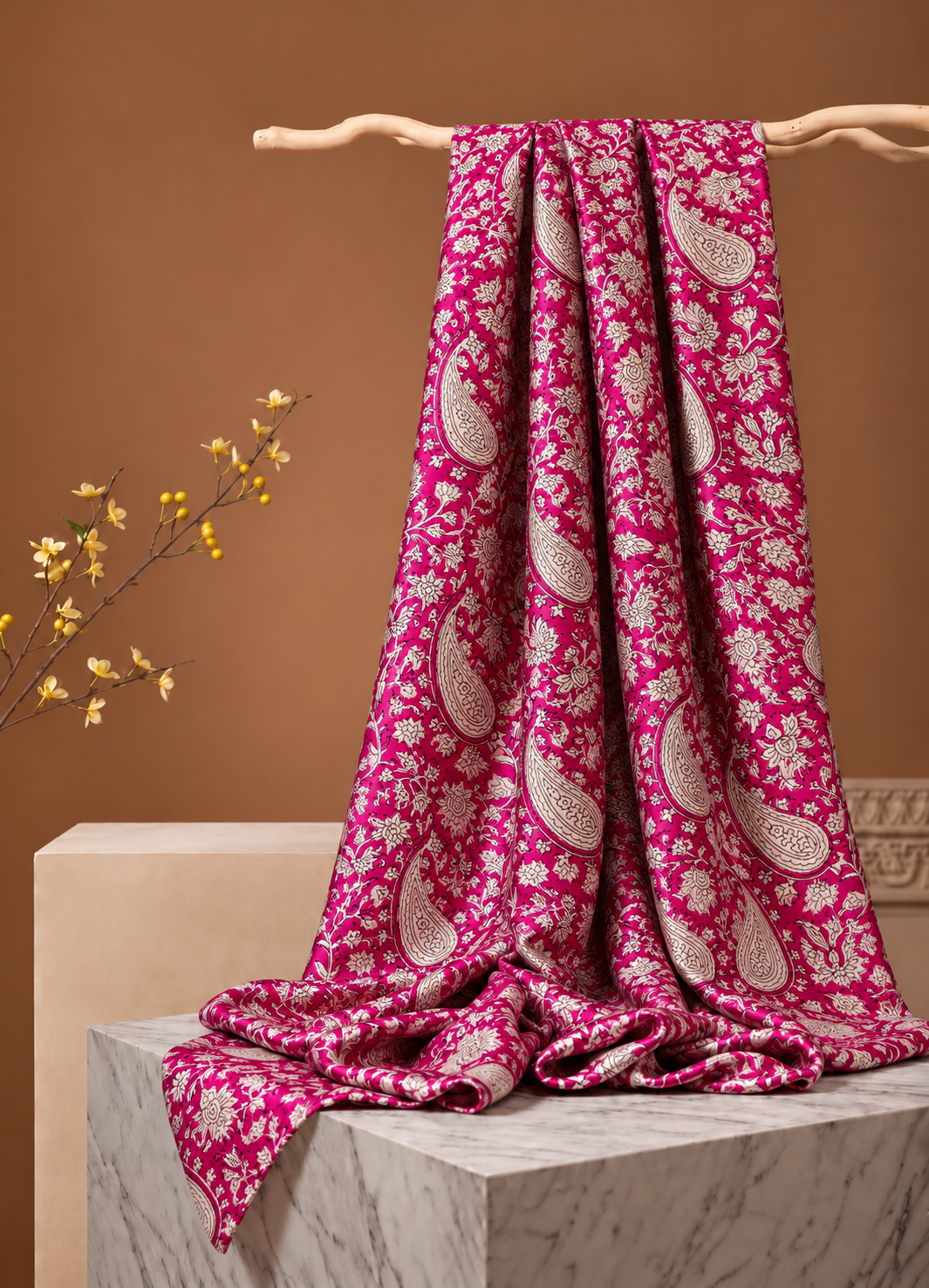 Pink Muslin Silk Paisley Block Print Fabric