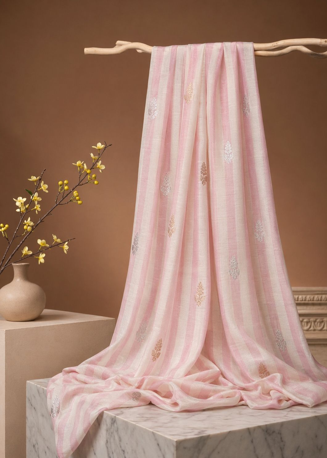Pastel Pink Premium Cotton Fabric With Floral Motifs