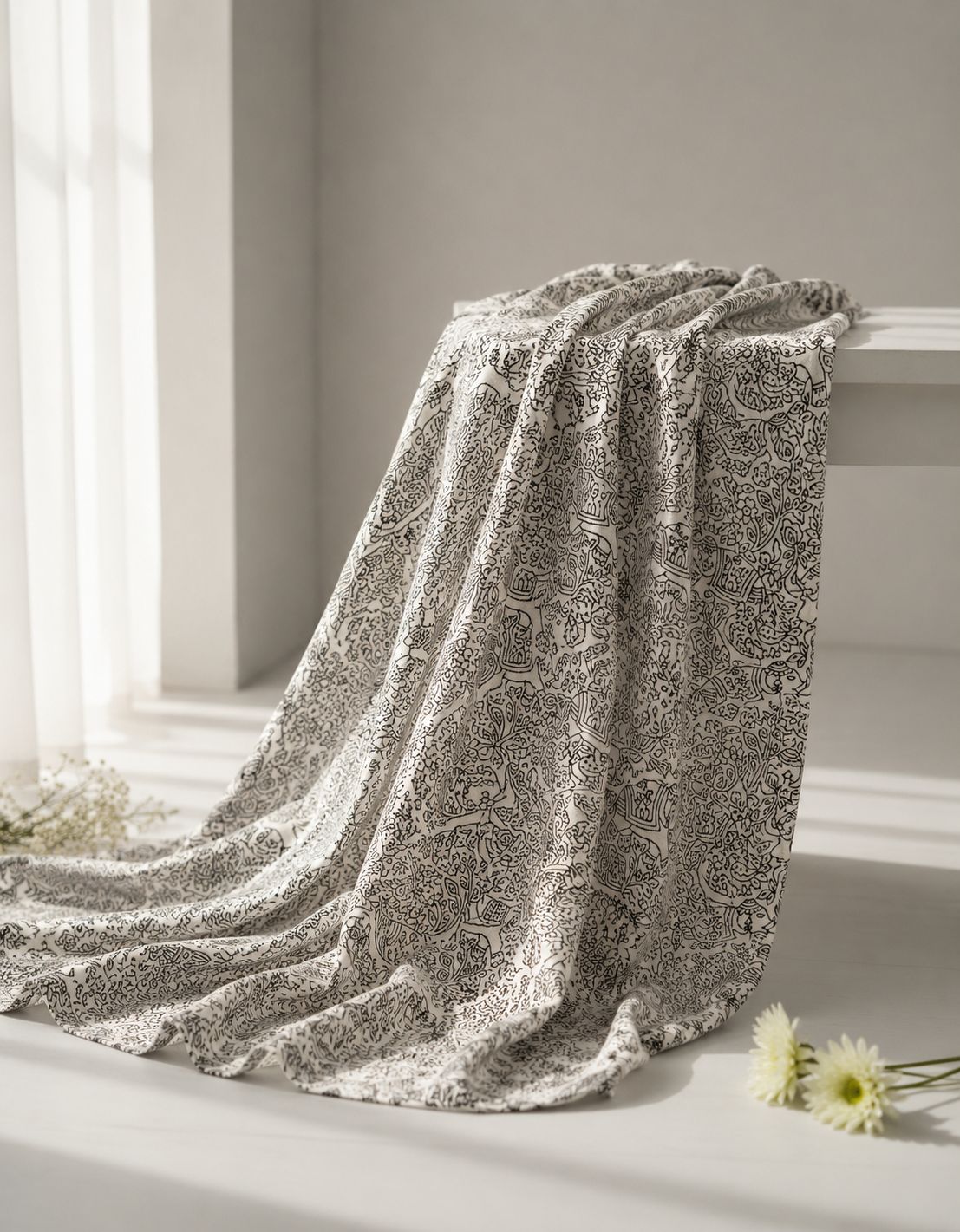 White Chanderi Silk Fabric With Hand Block Print